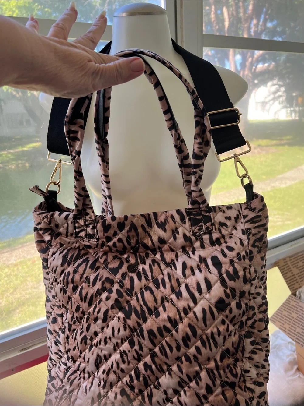 Ahdorned leopard print quilted nylon large tote NWOT